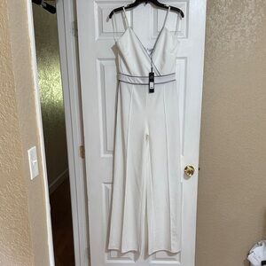 Fashion Nova White Spaghetti-Strap Wide-Leg Jumpsuit with Contrast Trim